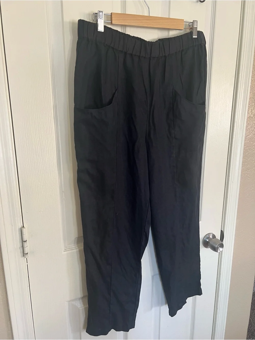 Quince 100% European Linen Pants Black L Elastic Waist Pockets